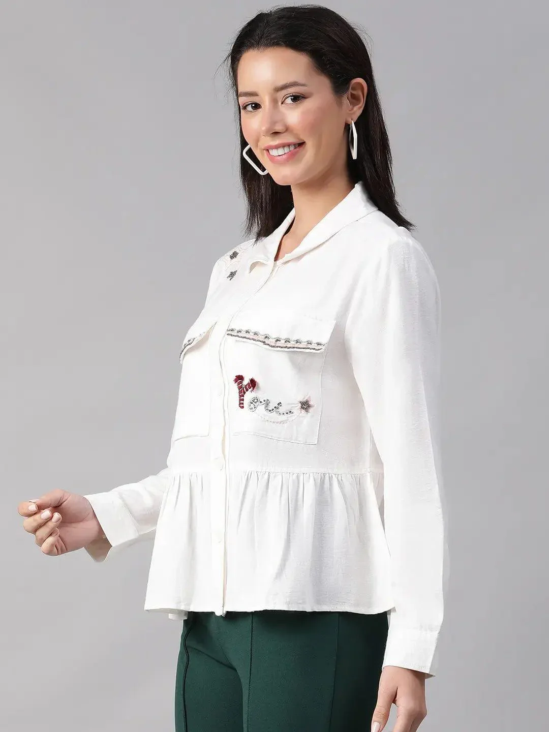 Women White Collared Long Sleeve Floral Embellished Buttoned Cotton Bomber Jacket - Image 3