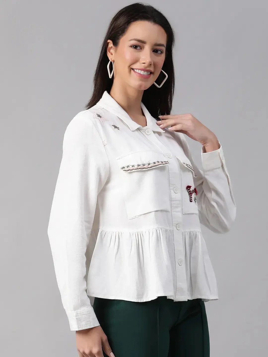 Women White Collared Long Sleeve Floral Embellished Buttoned Cotton Bomber Jacket - Image 4