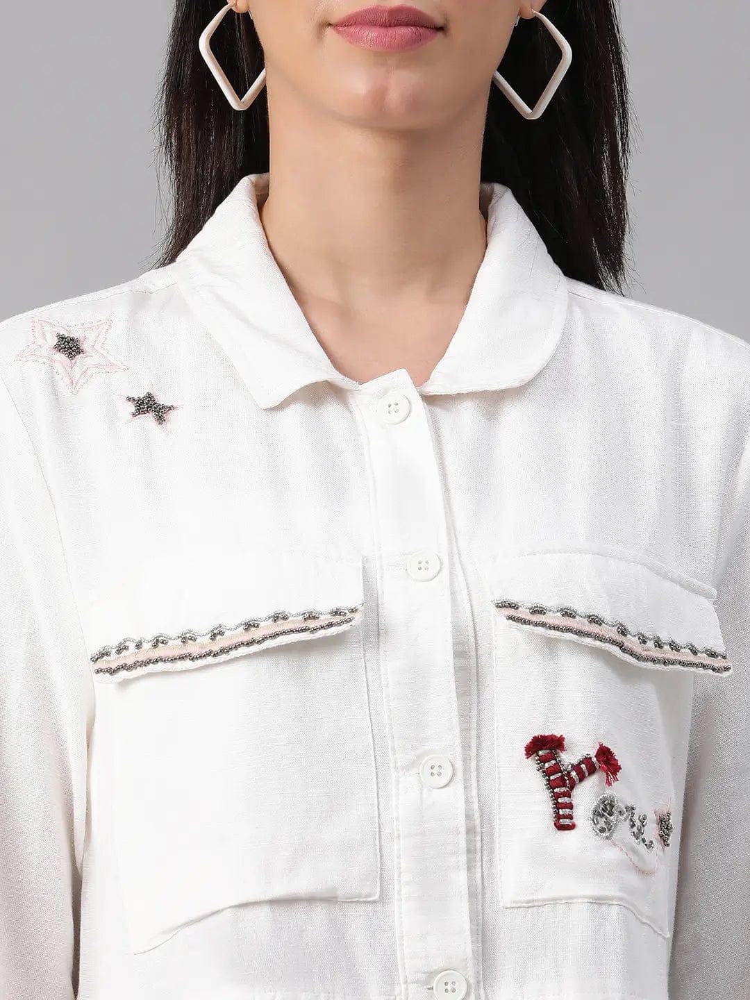 Women White Collared Long Sleeve Floral Embellished Buttoned Cotton Bomber Jacket - Image 6