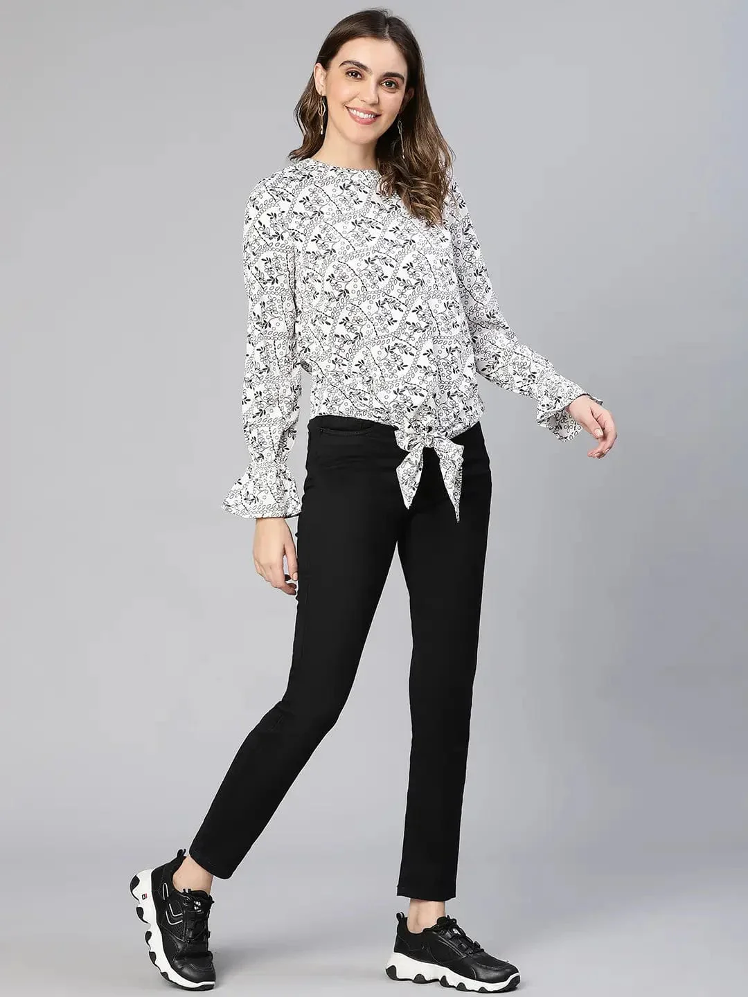 Women White Floral Print Tie-Knotted Polyester Top - Image 2