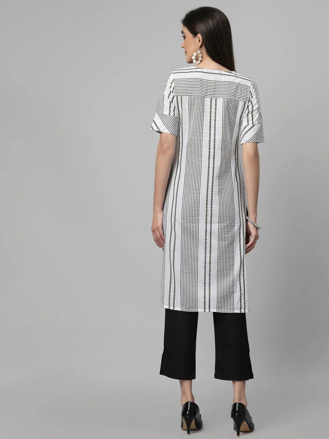 Women White & Olive Striped Cotton Knee Length Kurta - Image 3