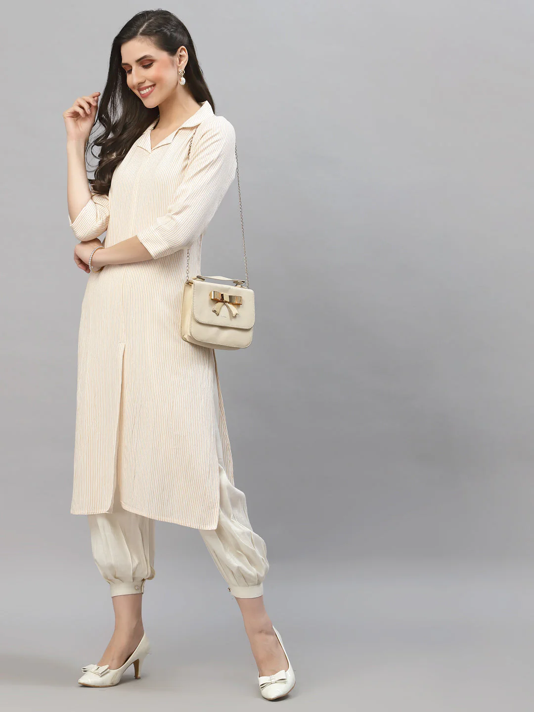 Women White & Orange Collar Neck Kurta
