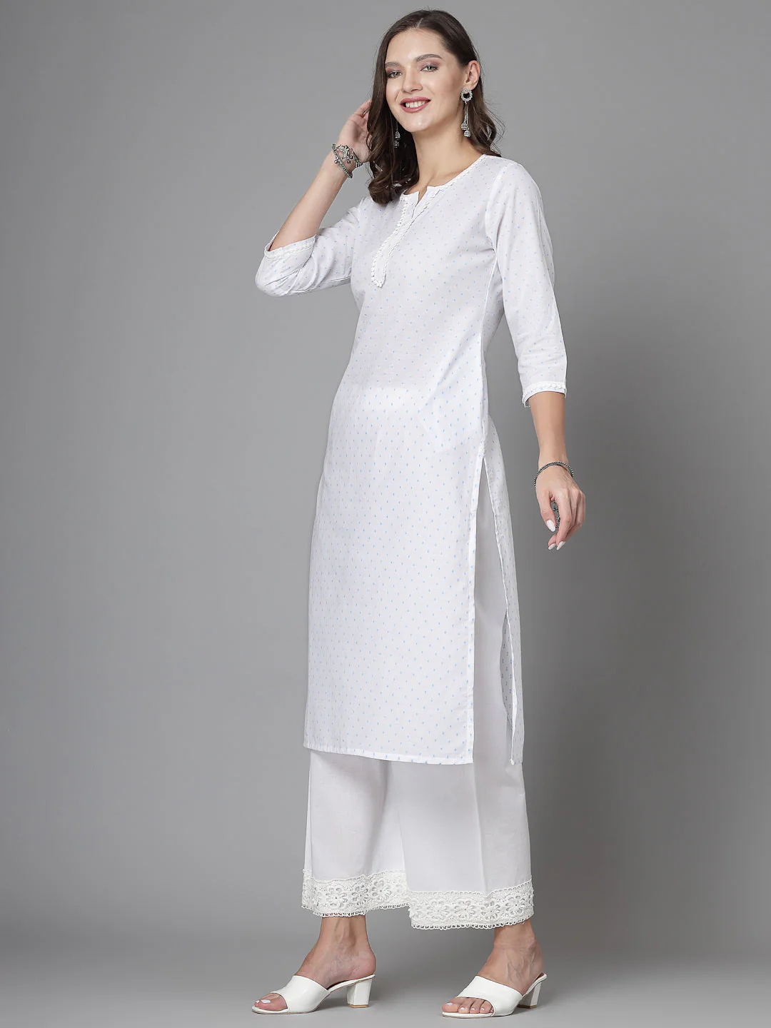Women White Swiss-Dot Kurta With Lace - Image 5
