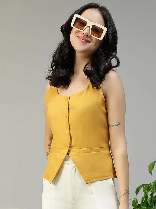 Women Yellow Button Down Sleeveless Top With Back Tie-Up Belt - Image 3