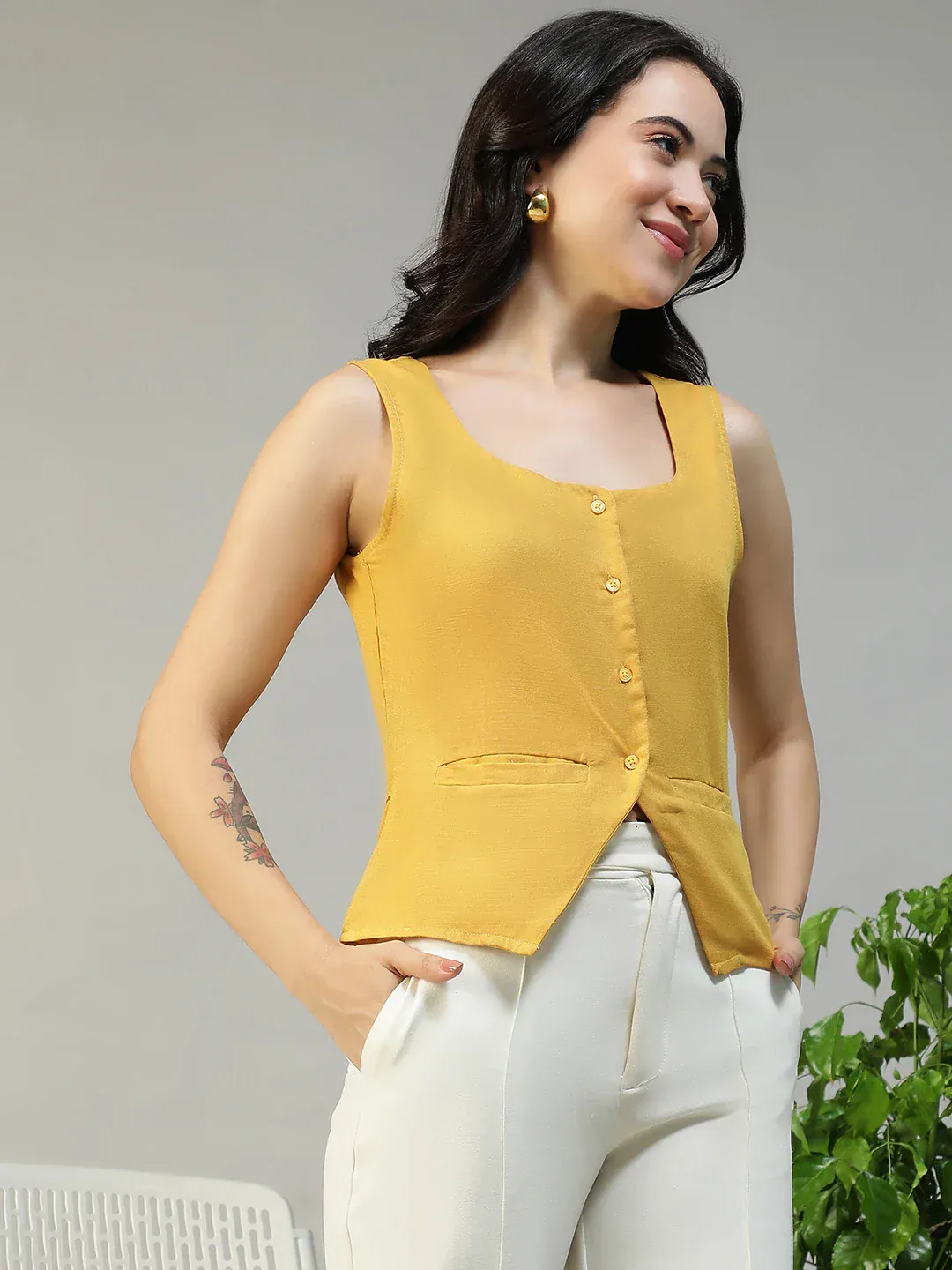 Women Yellow Button Down Sleeveless Top With Back Tie-Up Belt - Image 5