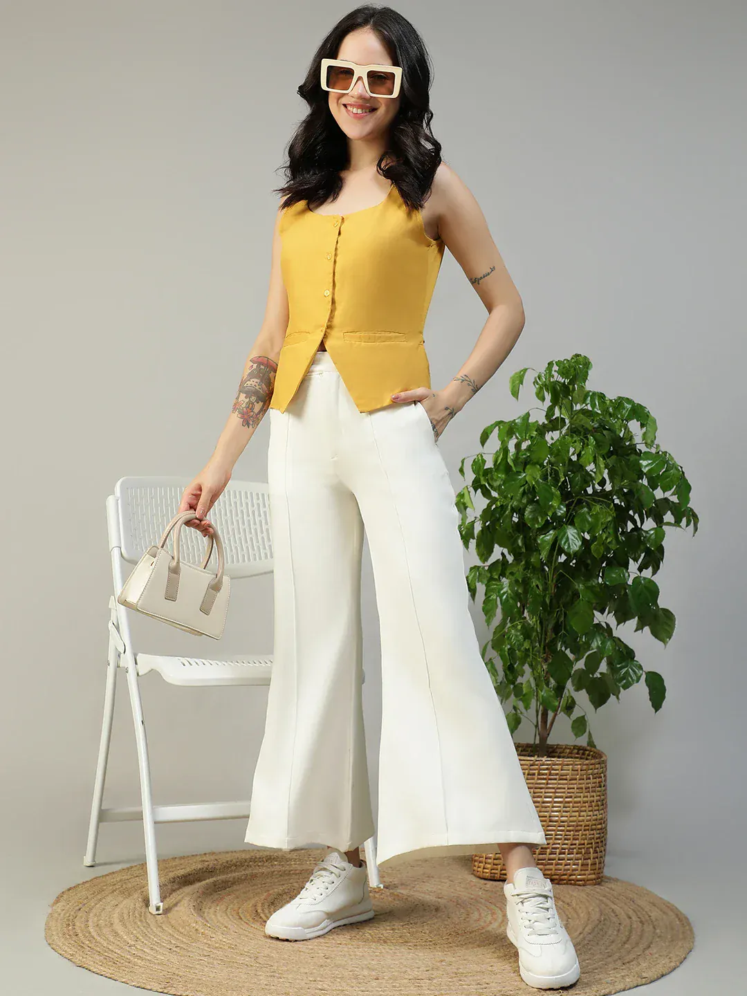 Women Yellow Button Down Sleeveless Top With Back Tie-Up Belt - Image 7