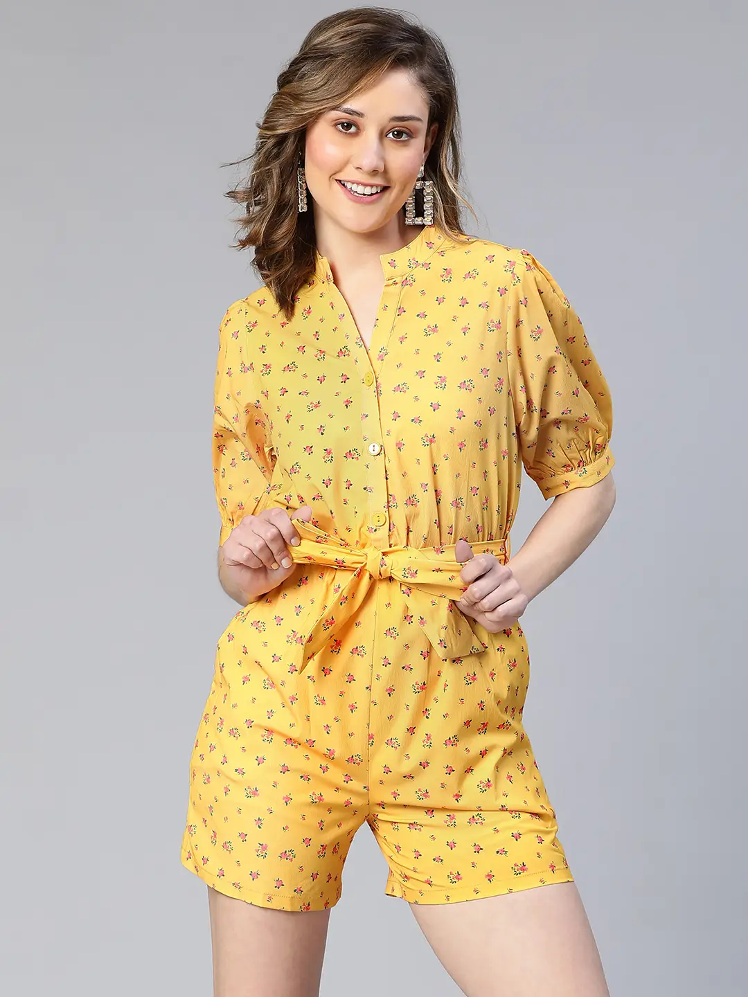 Women Yellow Floral Print Tie-Knot Polyester Belted Playsuit