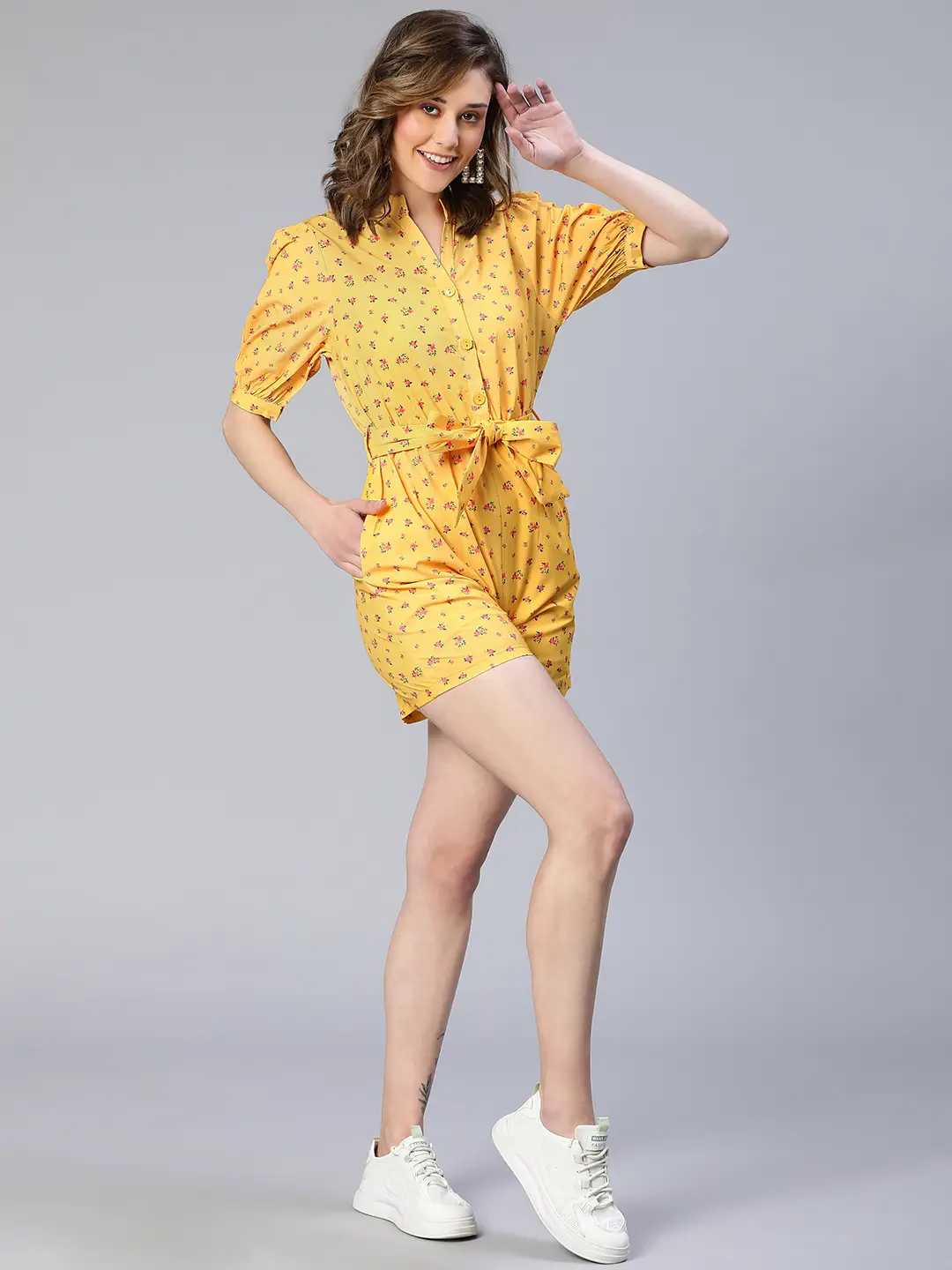 Women Yellow Floral Print Tie-Knot Polyester Belted Playsuit - Image 2