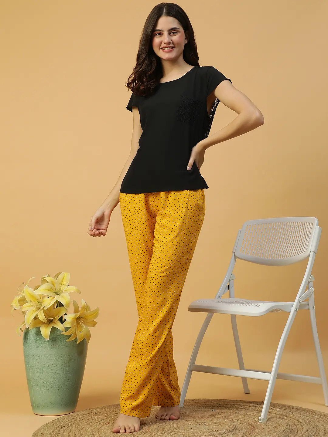 Women Yellow Printed Nightwear Pajama Elastic Waist with Tie-Up - Image 3