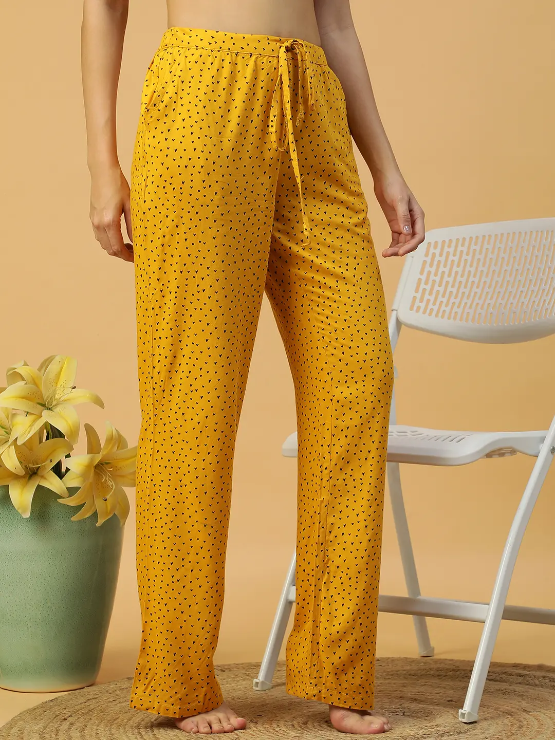 Women Yellow Printed Nightwear Pajama Elastic Waist with Tie-Up - Image 5