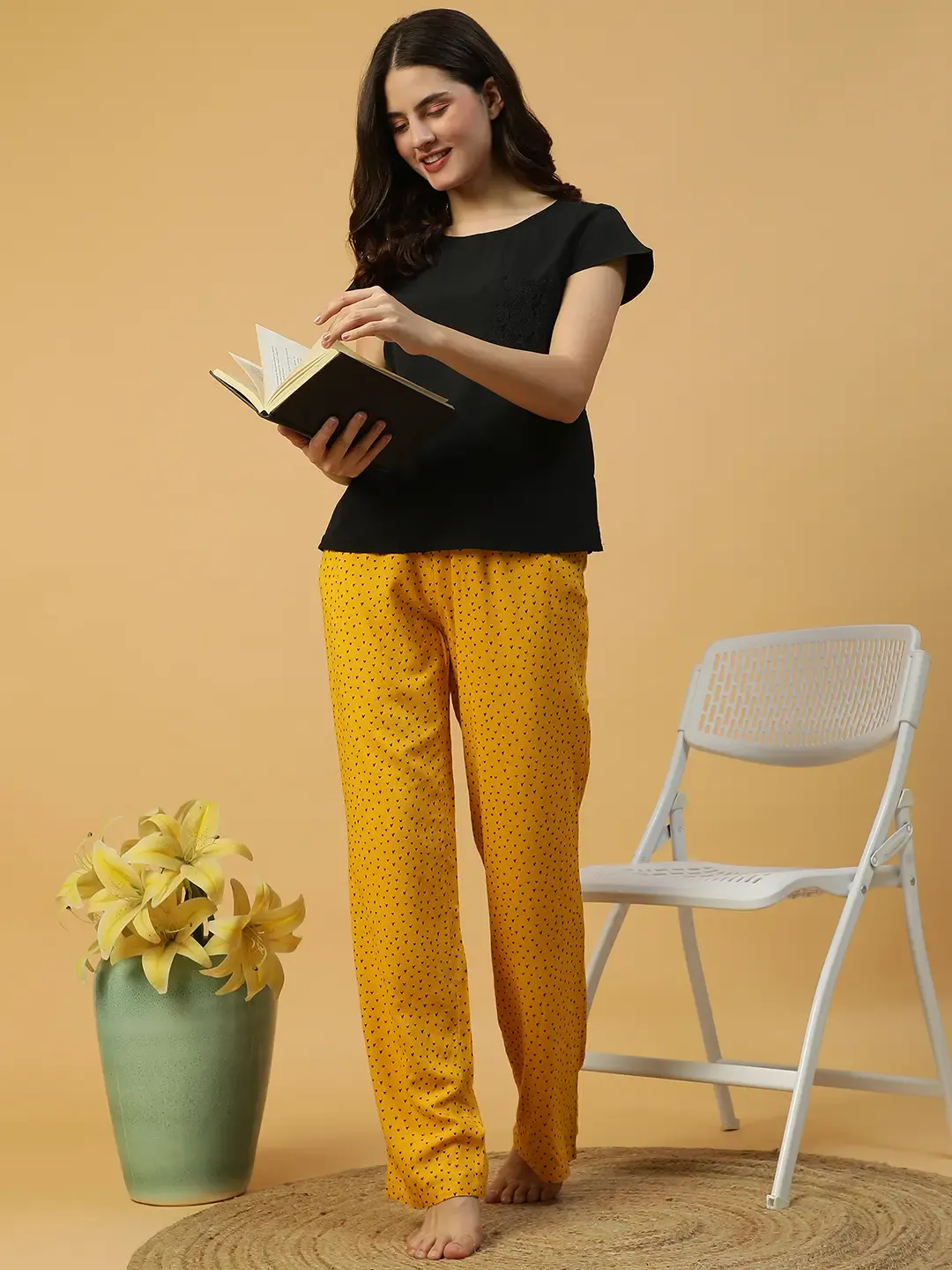 Women Yellow Printed Nightwear Pajama Elastic Waist with Tie-Up - Image 7