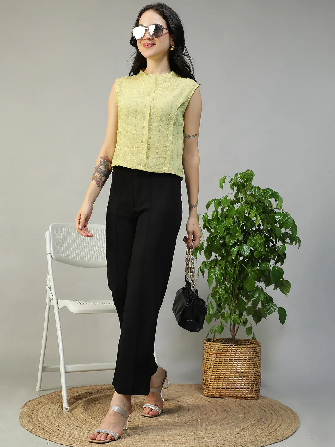 Women Yellow Round Neck Sleeveless Top With Side Zip Closure - Image 4