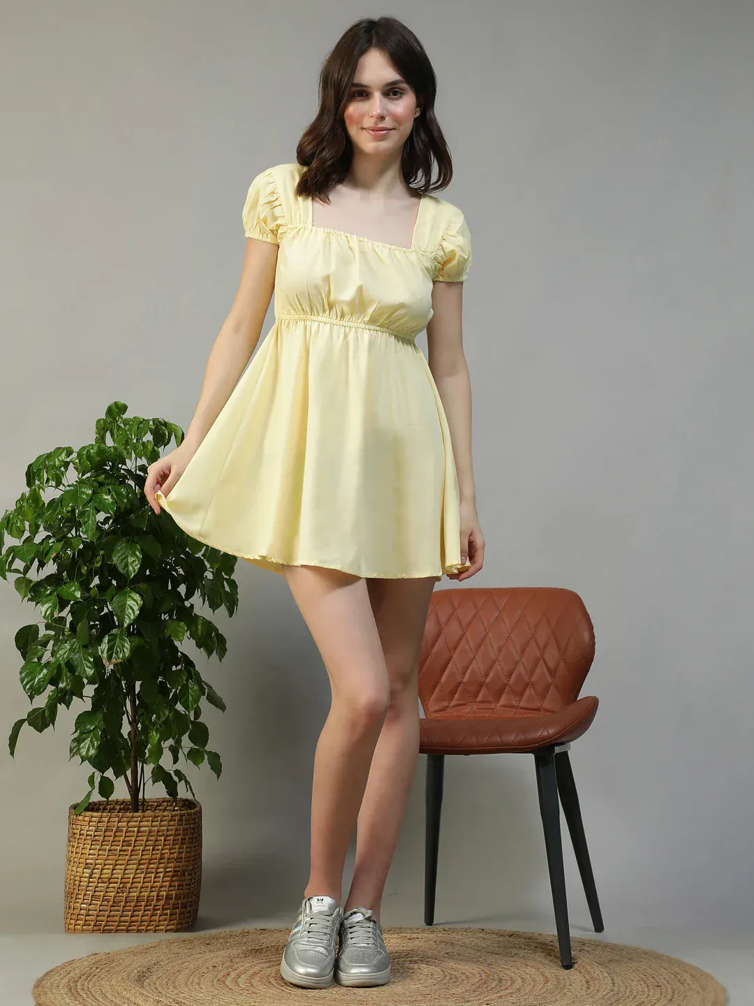 Women Yellow Square Neck Short Sleeve Above Knee Dress - Image 2