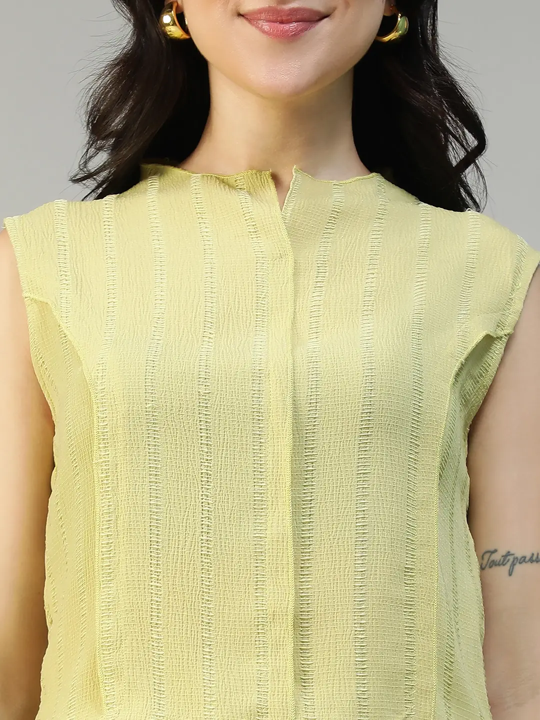 Women Yellow Stripe Sleeveless Top & Knee-Length Skirt Co-Ord Set - Image 2