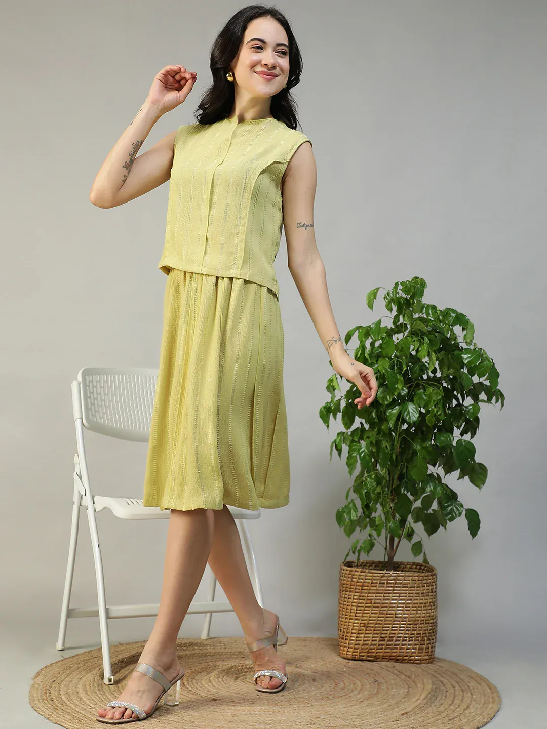 Women Yellow Stripe Sleeveless Top & Knee-Length Skirt Co-Ord Set - Image 4