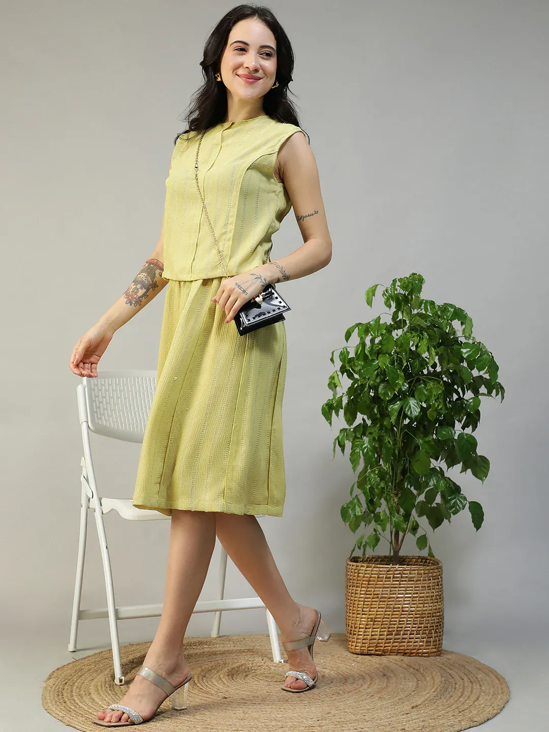Women Yellow Stripe Sleeveless Top & Knee-Length Skirt Co-Ord Set - Image 7