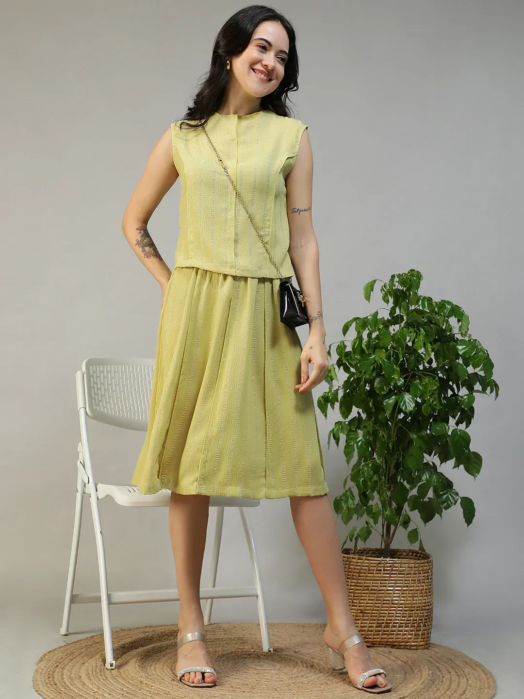 Women Yellow Stripe Sleeveless Top & Knee-Length Skirt Co-Ord Set - Image 8