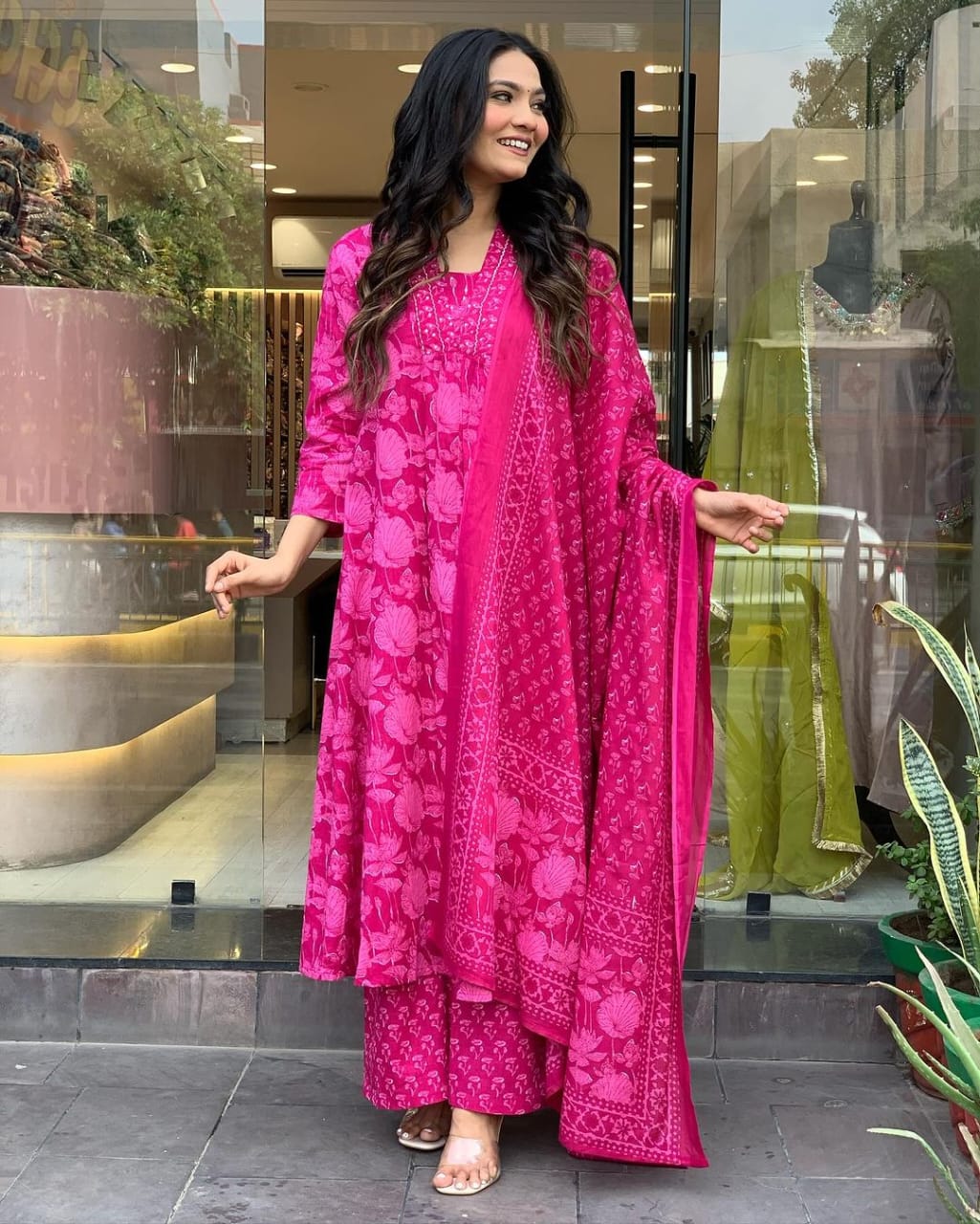 Women's Printed Cotton Anarkali Kurta & Pant With Dupatta Set - Image 4