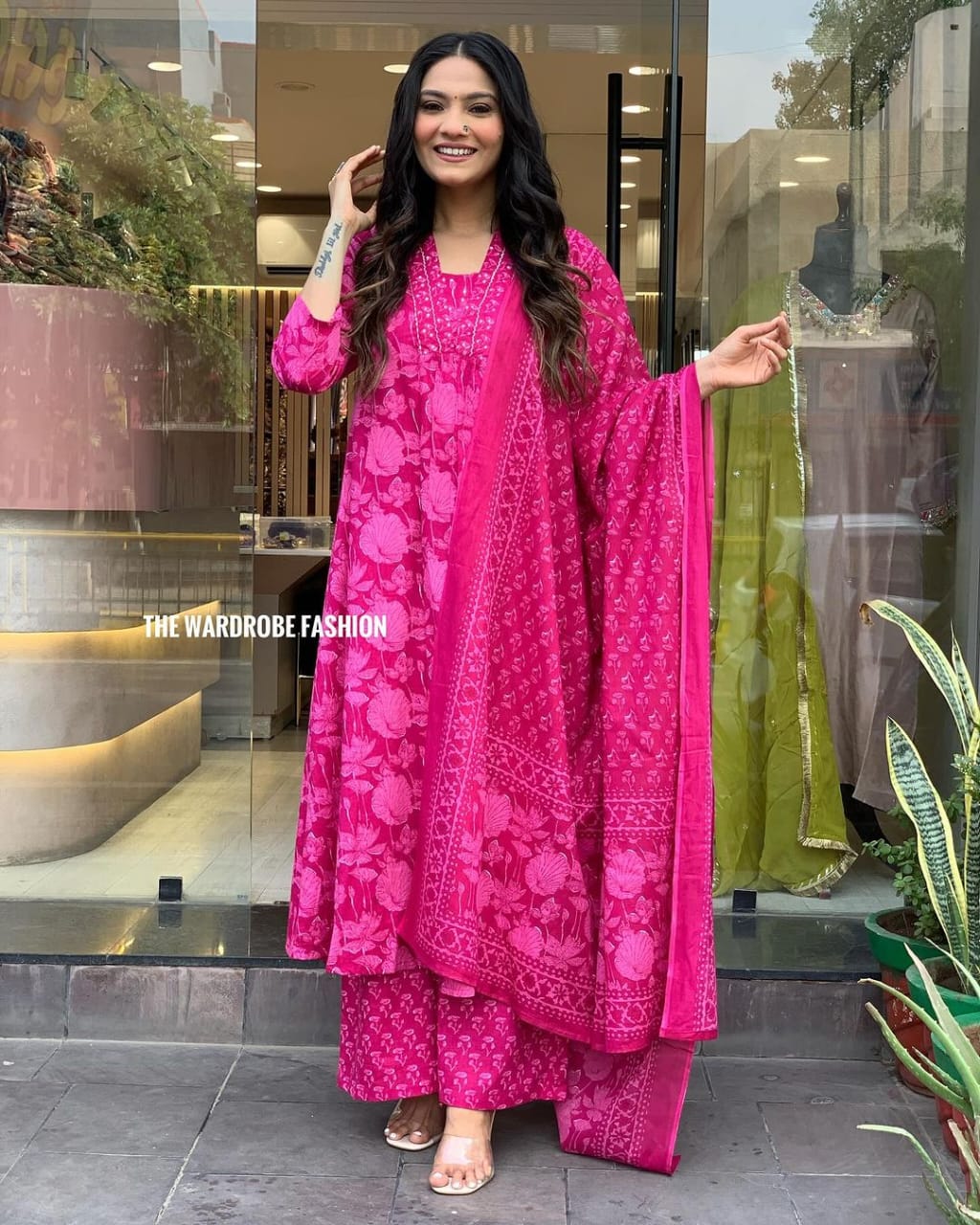 Women's Printed Cotton Anarkali Kurta & Pant With Dupatta Set - Image 6