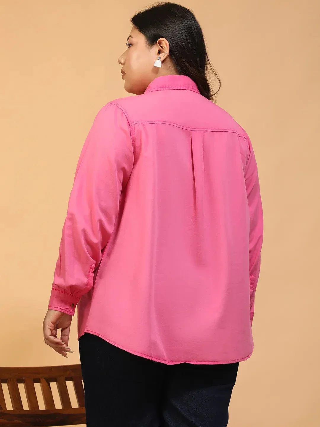 Wonder Pink Yellow Collared Long Sleeve Button Down Plus Size Women Cotton Shirt - Image 5