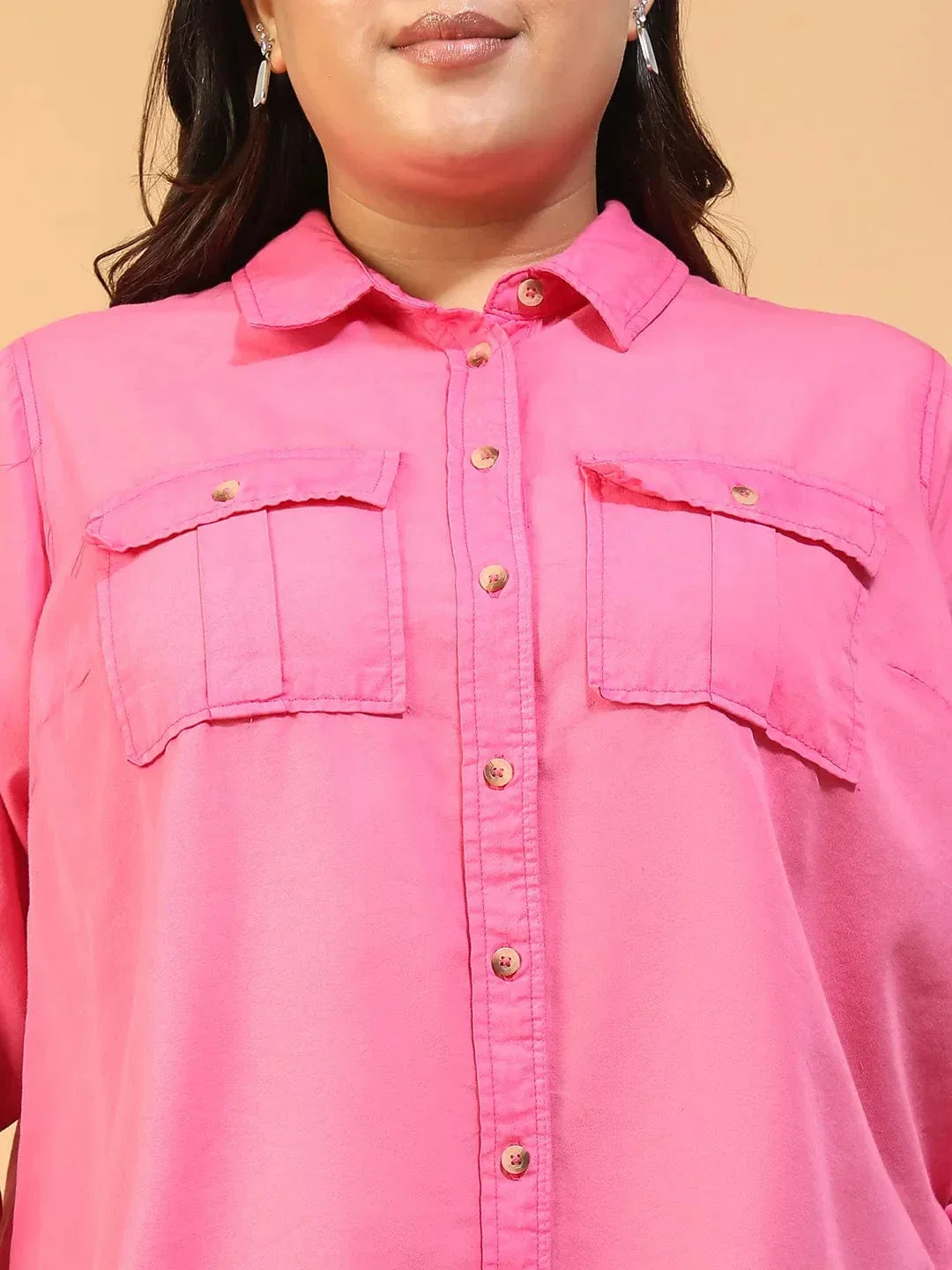 Wonder Pink Yellow Collared Long Sleeve Button Down Plus Size Women Cotton Shirt - Image 6