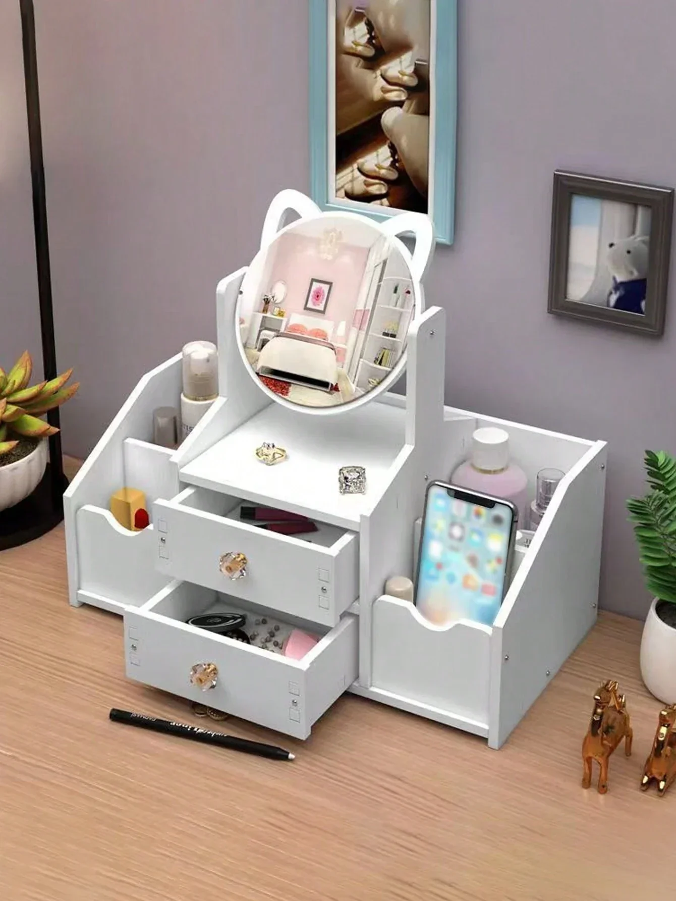 Wooden Assembling Makeup Mirror with Drawer & Storage 23pc set - Image 7