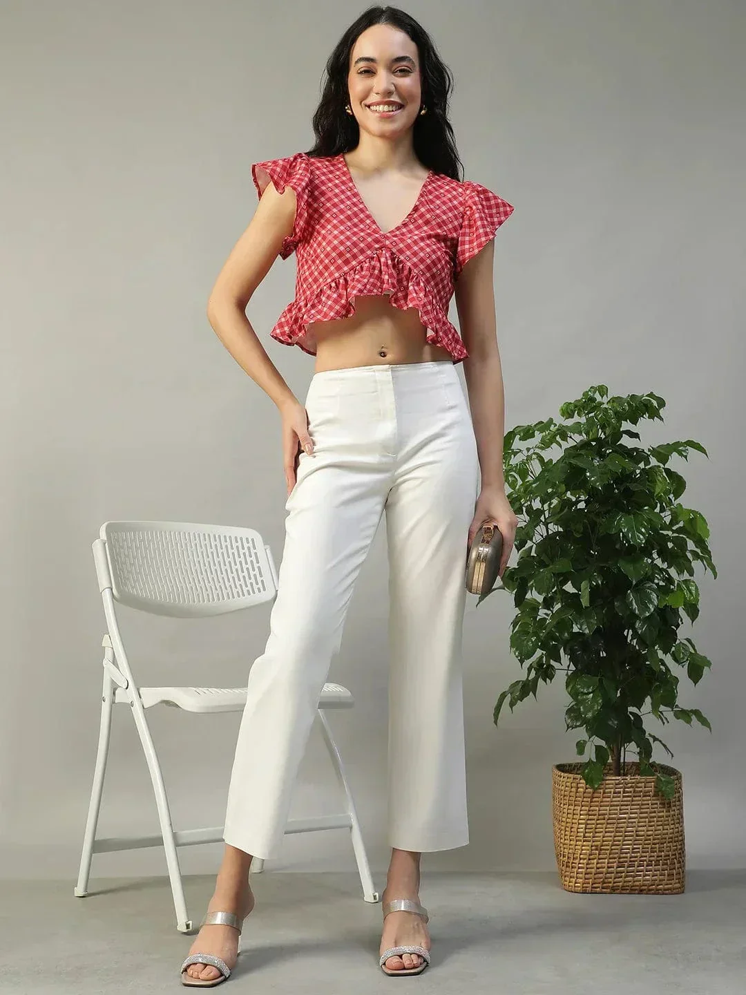 Worthy Red Check Print Short Sleeve Ruffle Detail Women Crop Top in Slub Fabric - Image 2