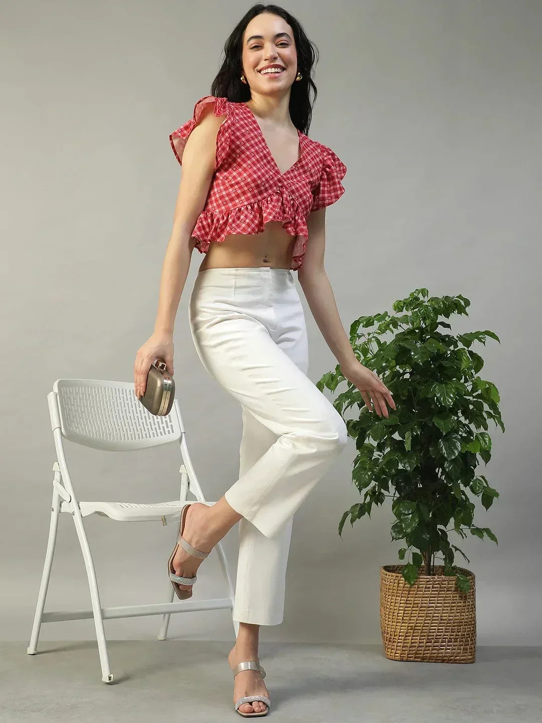 Worthy Red Check Print Short Sleeve Ruffle Detail Women Crop Top in Slub Fabric - Image 8