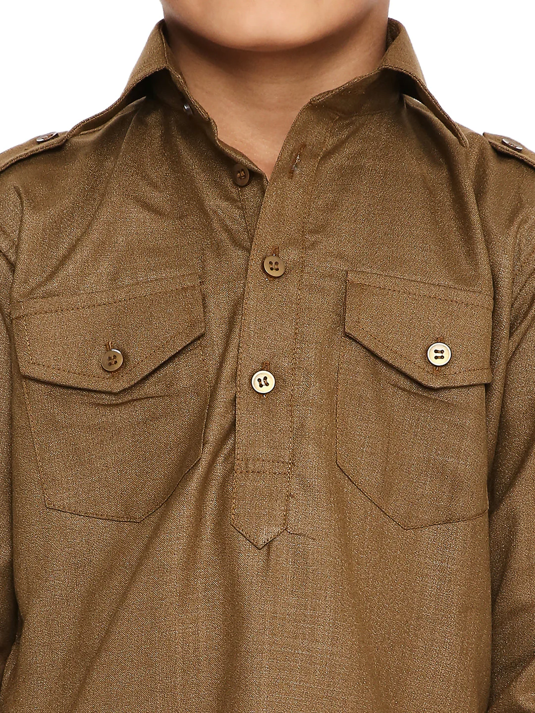 Wrinkle Free Poly Blend Pathani Set in Khaki - Image 5