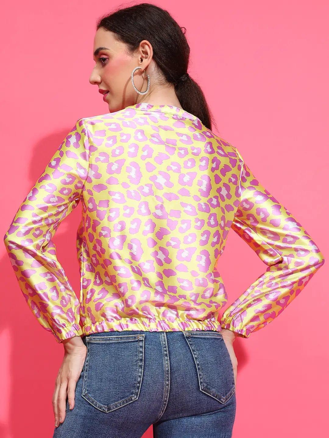 Yellow Animal Print Round Neck Long Sleeve Winter Wear Bomber Jacket - Image 5