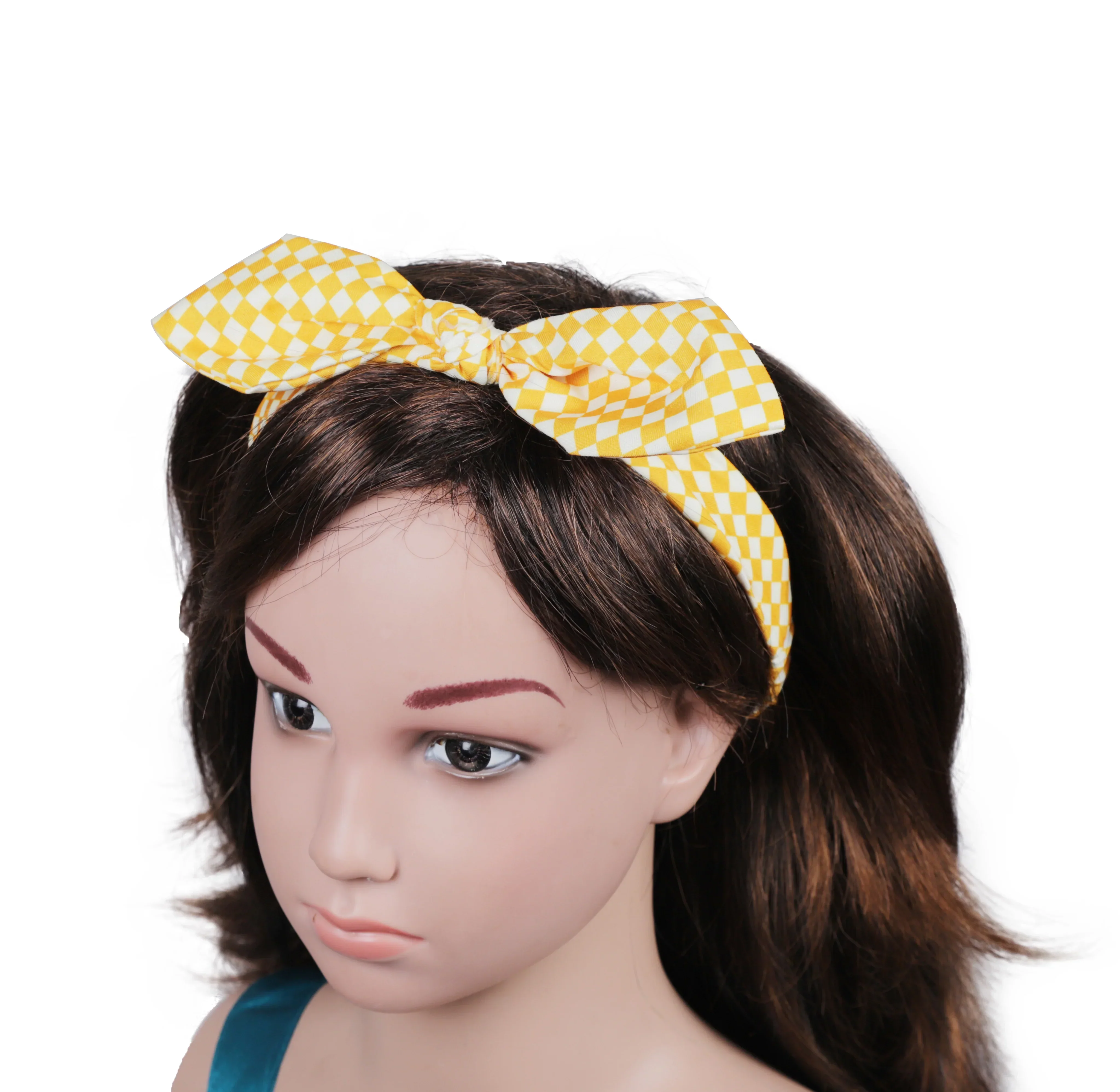 Yellow Checks Rabbit Ear Knot Baby Headband - Image 3
