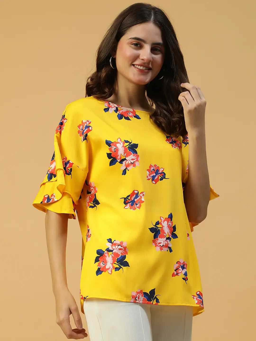 Yellow Floral Short Sleeve Women's Top - Image 3