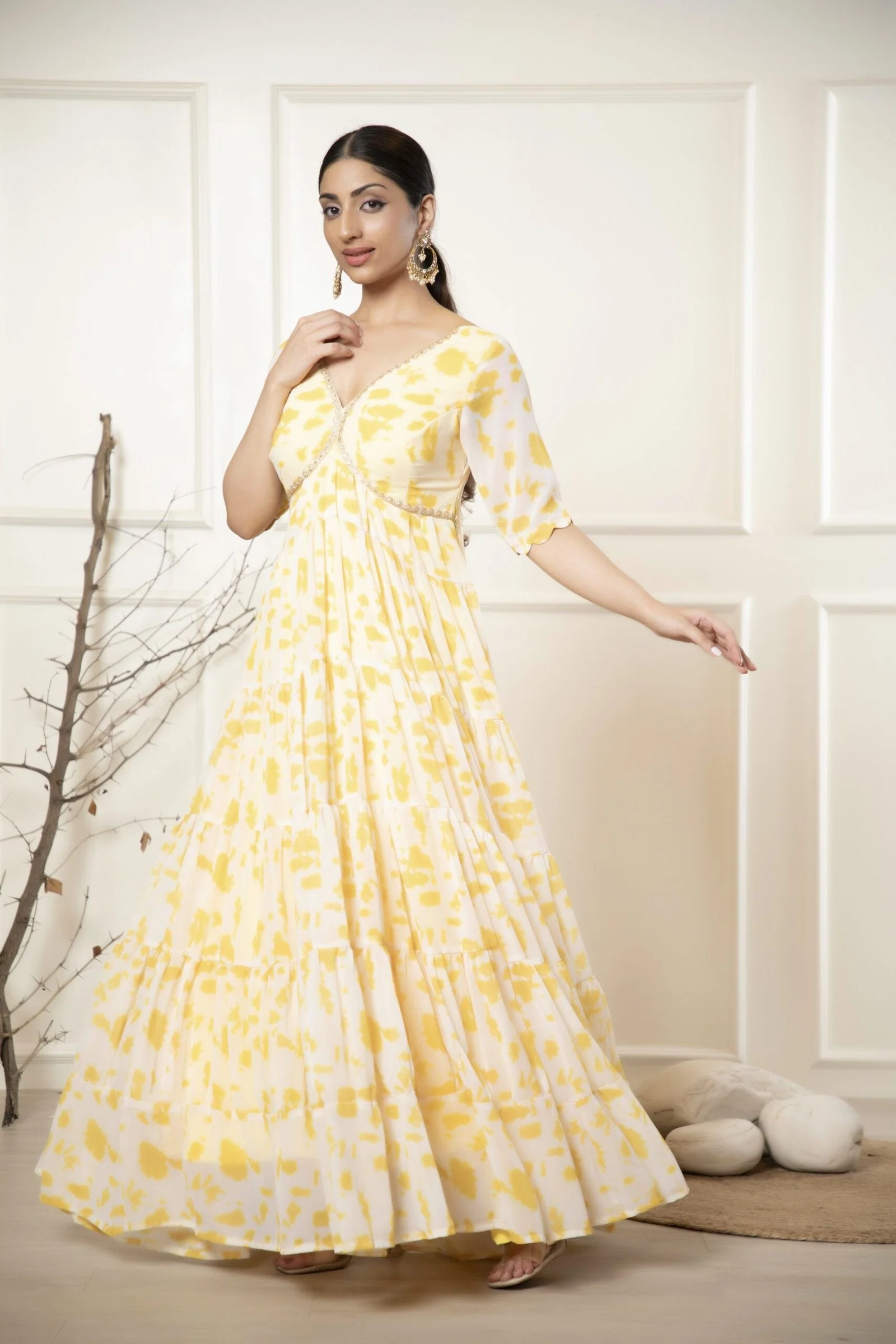 Yellow Printed Ethnic Dress with Dupatta