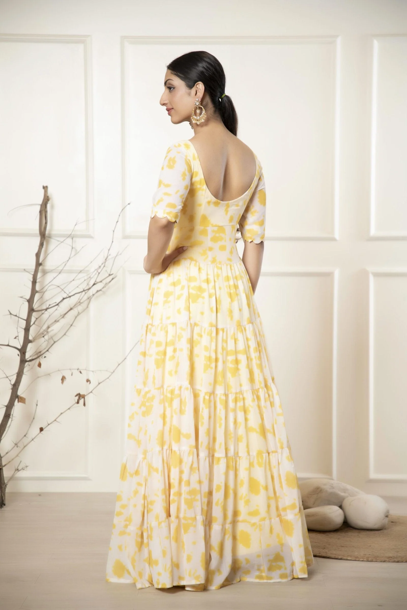 Yellow Printed Ethnic Dress with Dupatta - Image 5