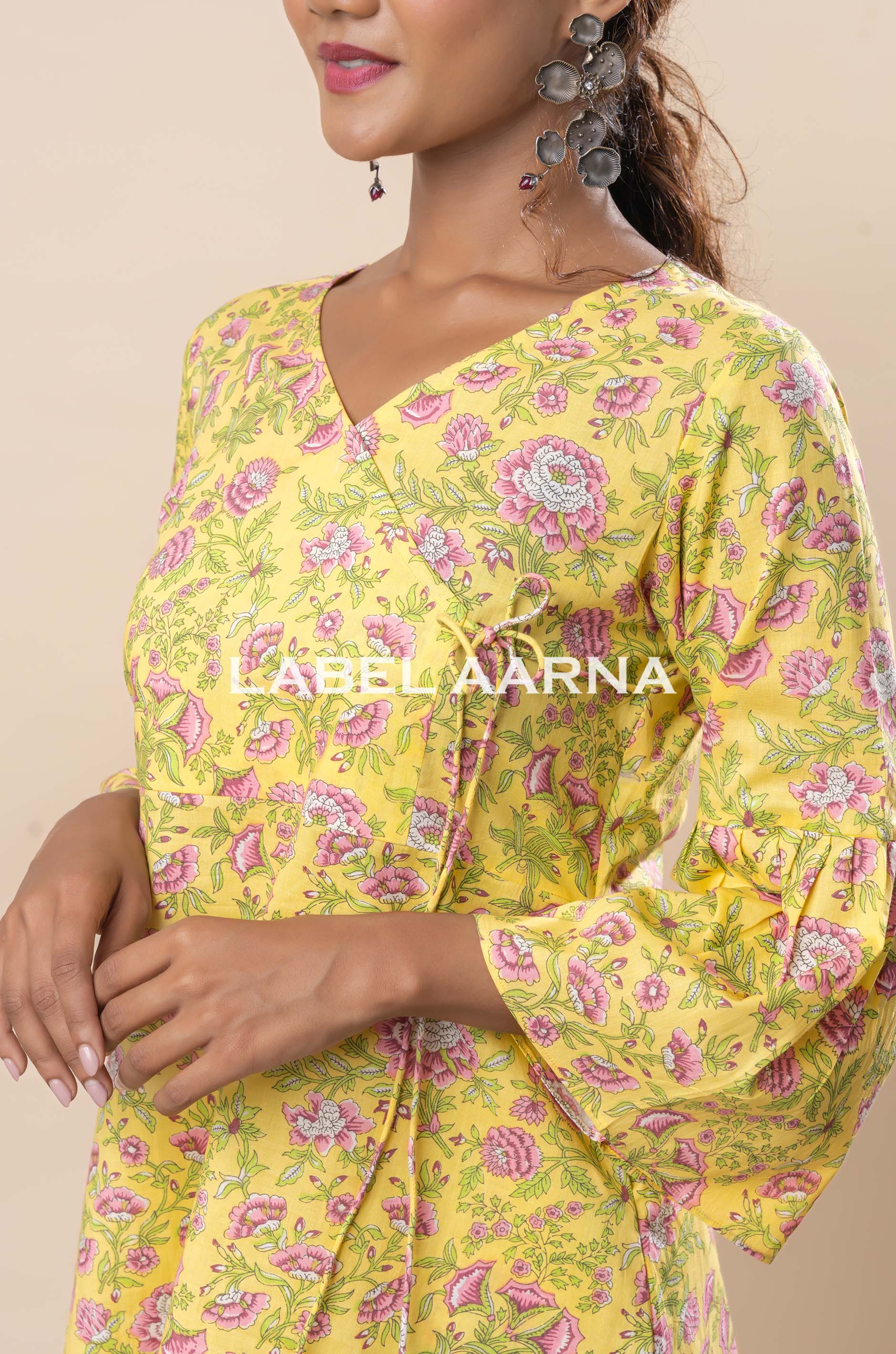 Yellow Pure Cotton Printed Angrakha Co-Ord Set - Image 2