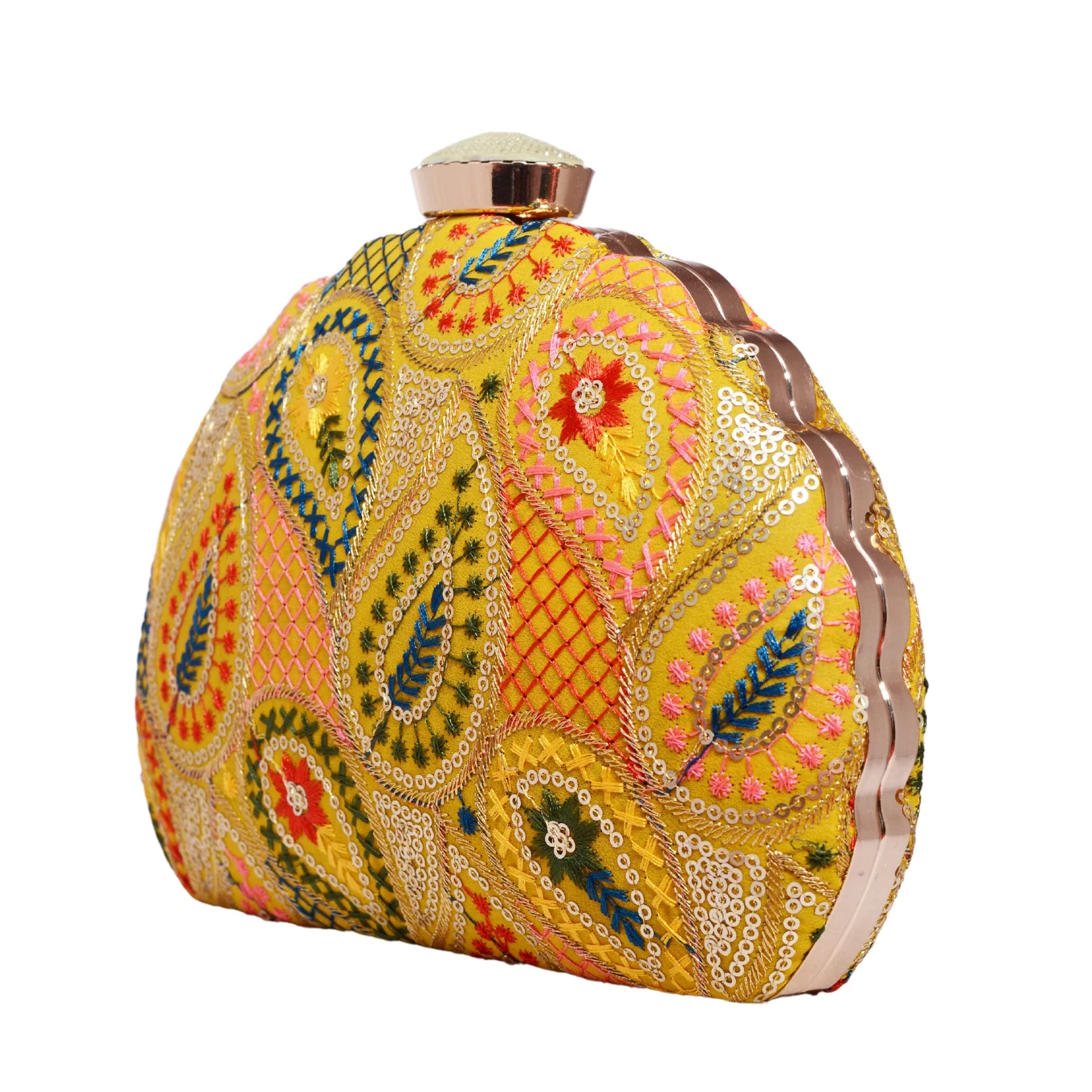Yellow Sequins Embroidered Half Moon Clutch - Image 3