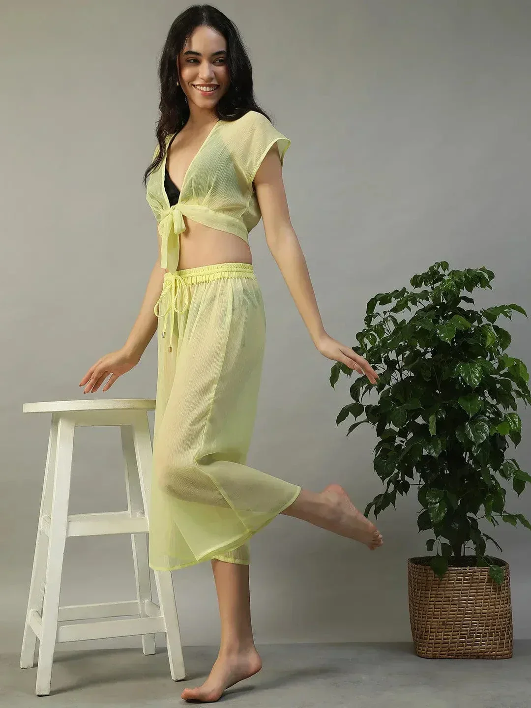 Yellow Tie-Knot Top With Elasticated Culottes Women Beachwear Co-Ord Set - Image 3
