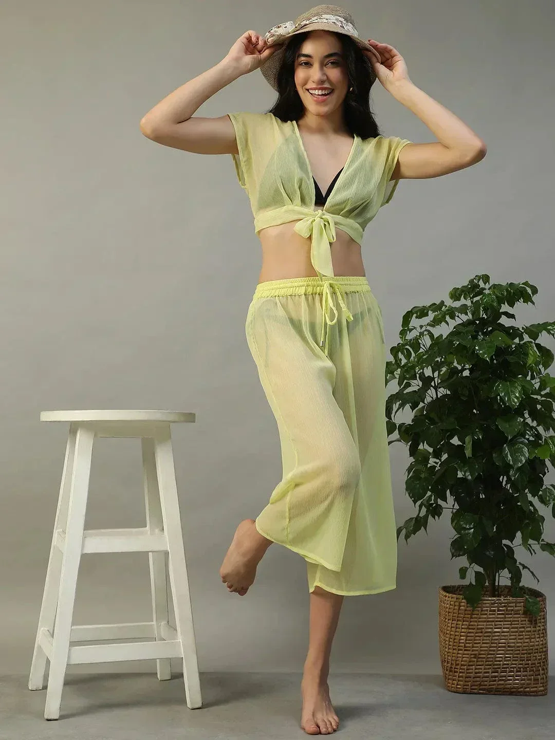 Yellow Tie-Knot Top With Elasticated Culottes Women Beachwear Co-Ord Set - Image 7