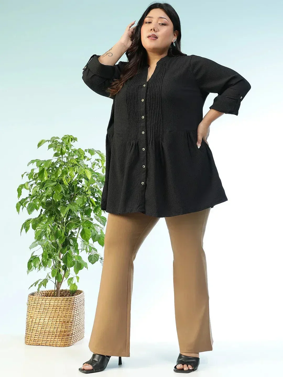 Zentail Solid Black Long Sleeve Pleates Detail Button Down Plus Size Women Dobby Tunic - Image 2