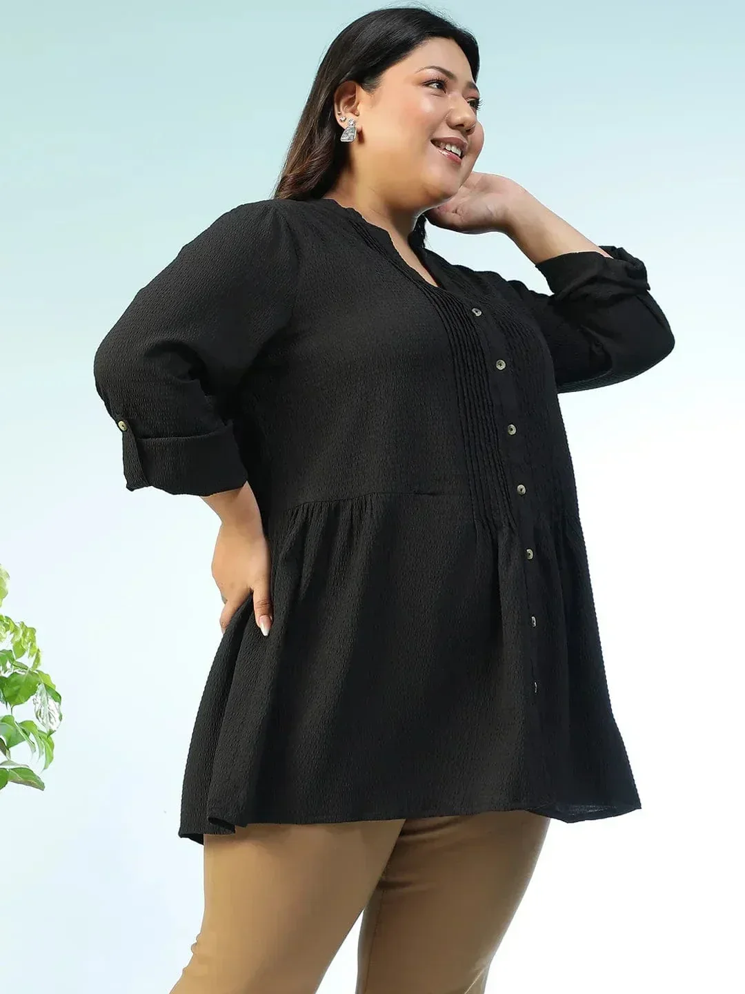 Zentail Solid Black Long Sleeve Pleates Detail Button Down Plus Size Women Dobby Tunic - Image 4