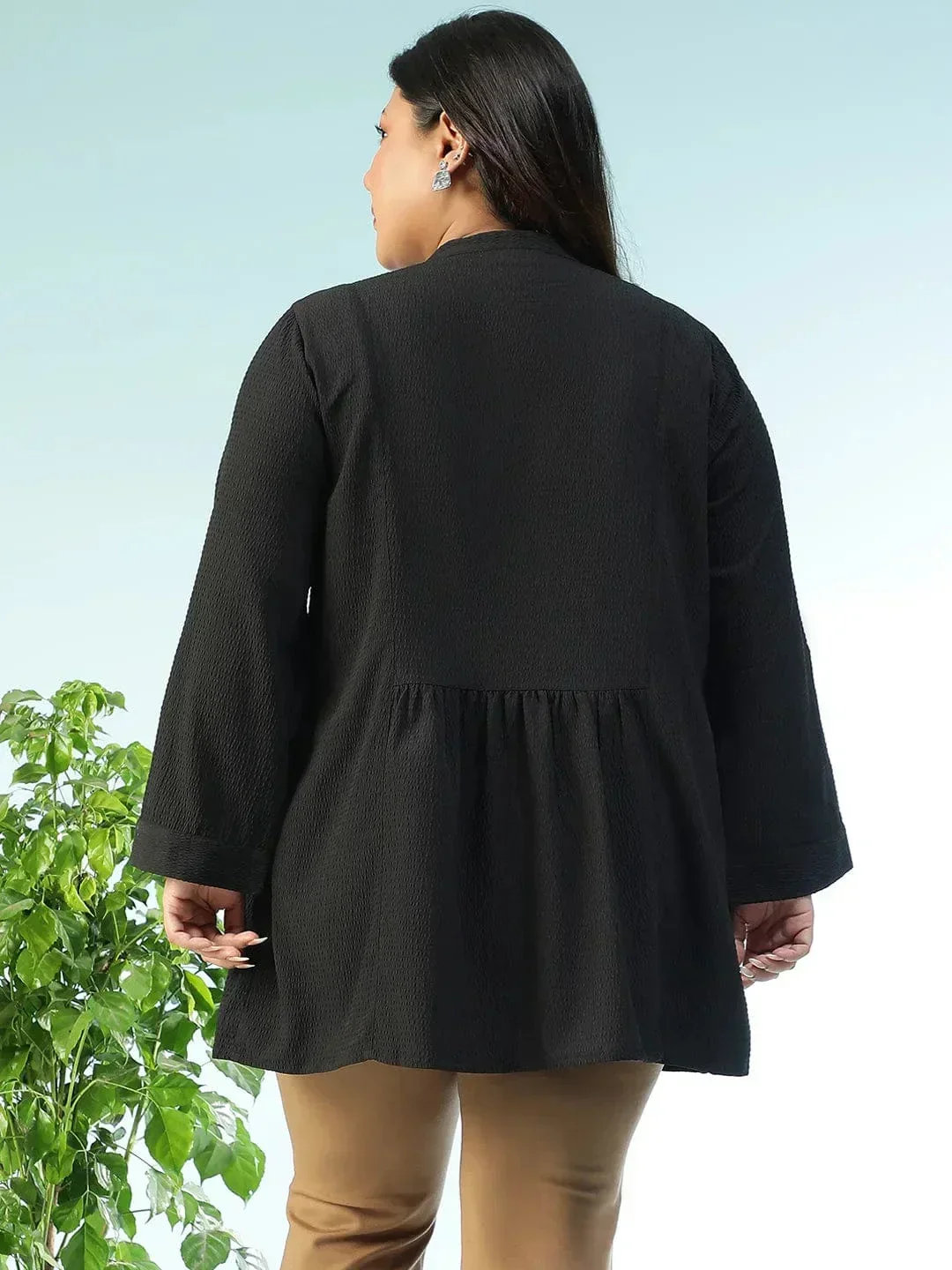 Zentail Solid Black Long Sleeve Pleates Detail Button Down Plus Size Women Dobby Tunic - Image 5
