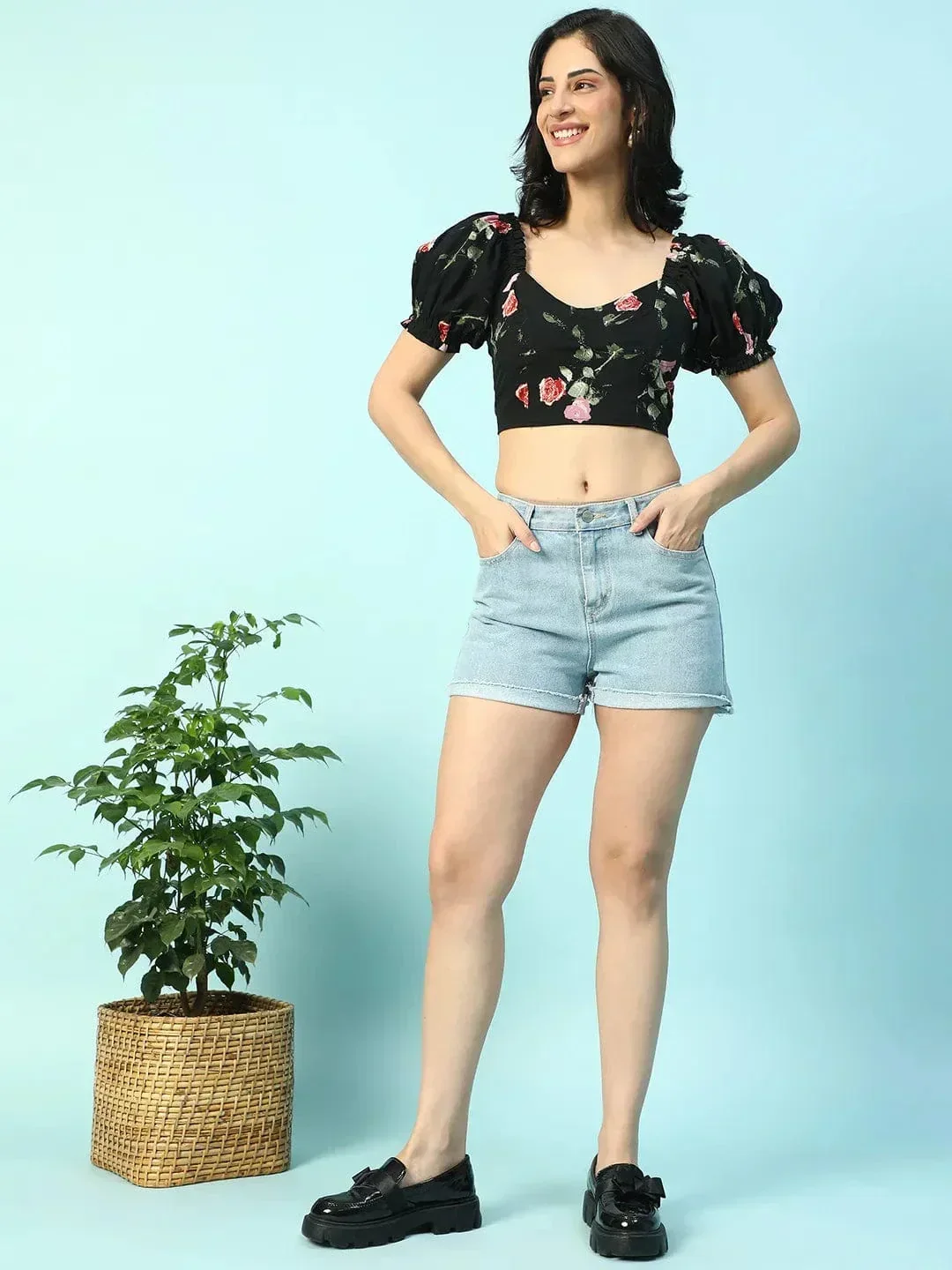 Zestee Black Floral Print Smocking Detail Women Crop Top - Image 2